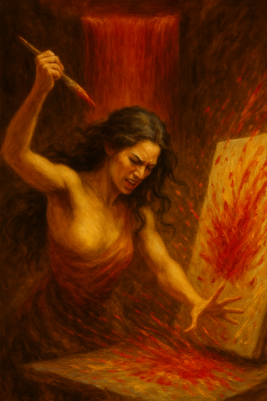 Blood & Honey mascot Seraphina splattering red paint on a canvas